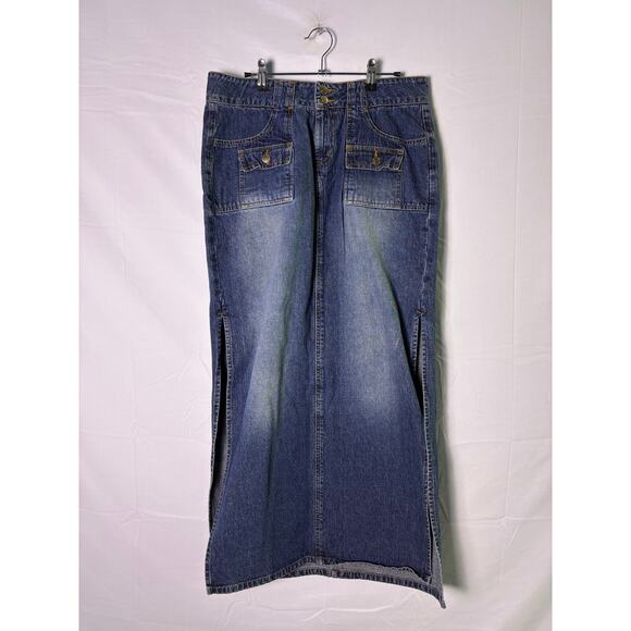Y2K Paris Blues Blue Denim Maxi Skirt Side Slit Pockets Women's L/XL Waist: 33" - Picture 1 of 4
